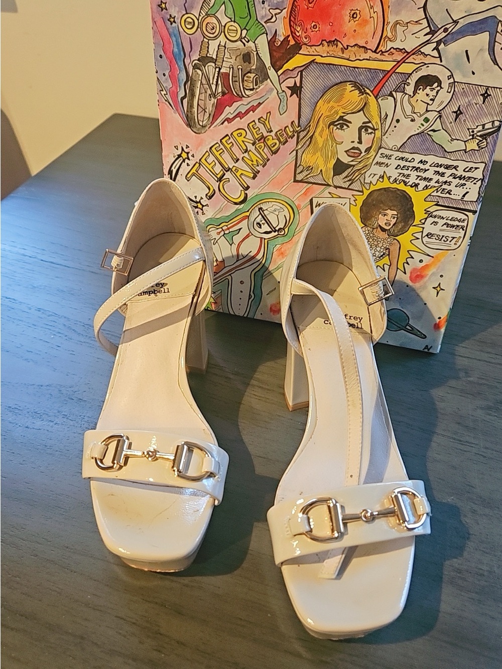 Jeffrey Campbell Cream Patent Block Heel Sandals with Gold Hardware